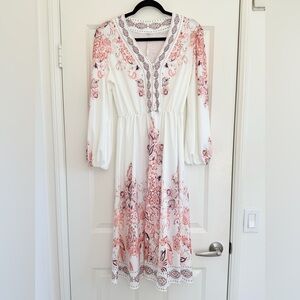 Paisley White and Pink V-Neck Dress with Working Pearlescent Buttons